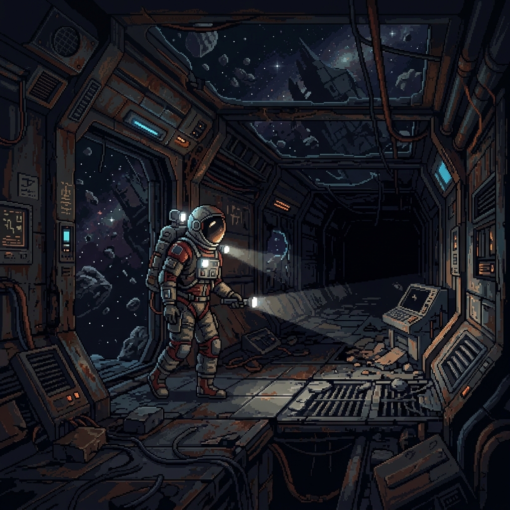 Pixel art lone astronaut with suit flashlights exploring the dark, floating corridor of a massive derelict spaceship in an asteroid field