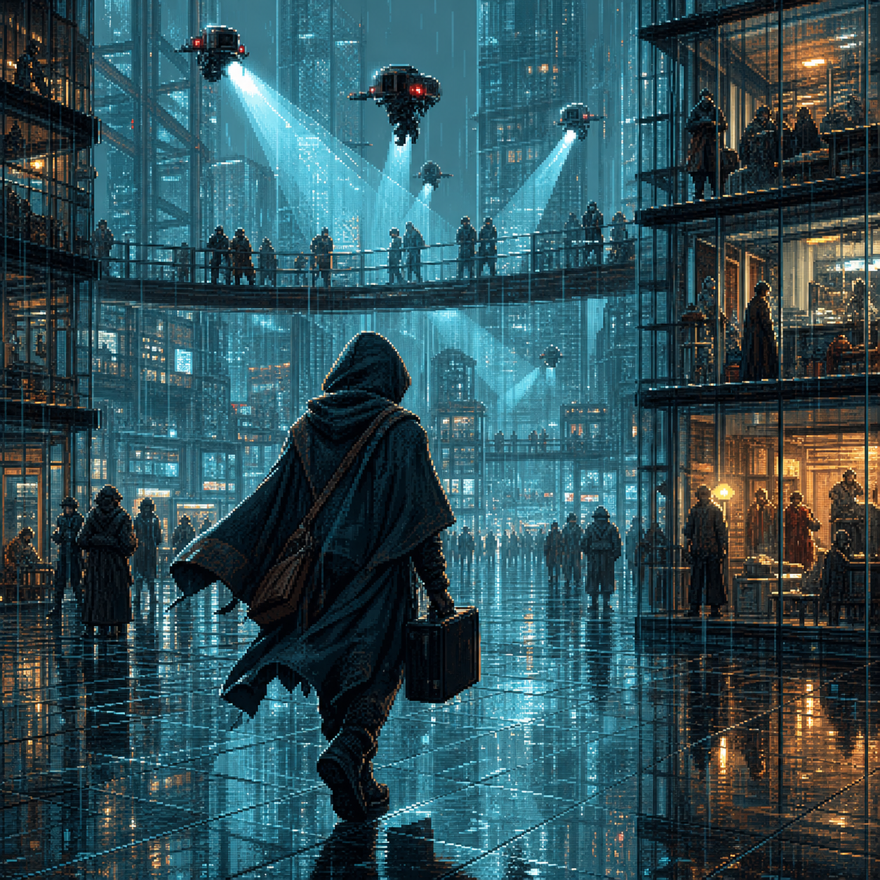 Pixel art scene of a courier carrying an opaque case through a transparent rainy city