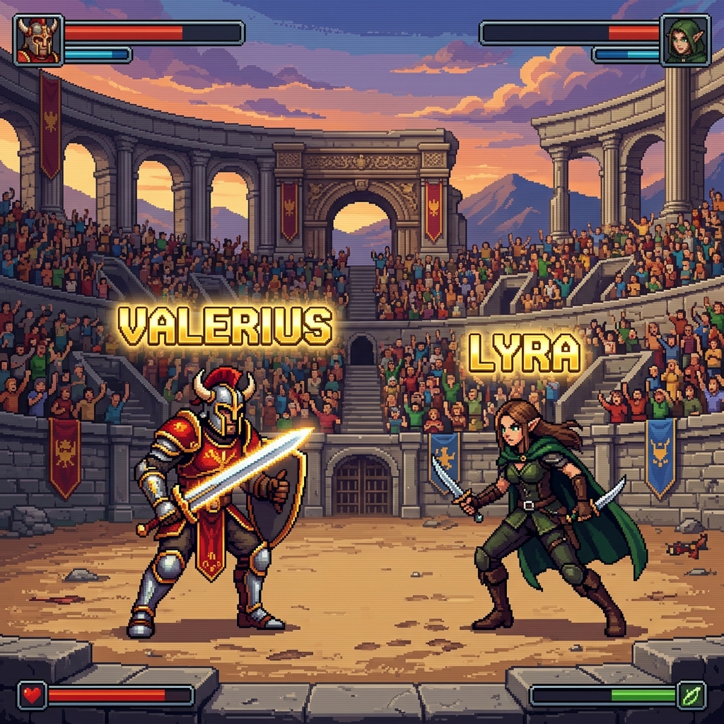Pixel art duelists facing each other in a grand arena with glowing names and titles floating above them