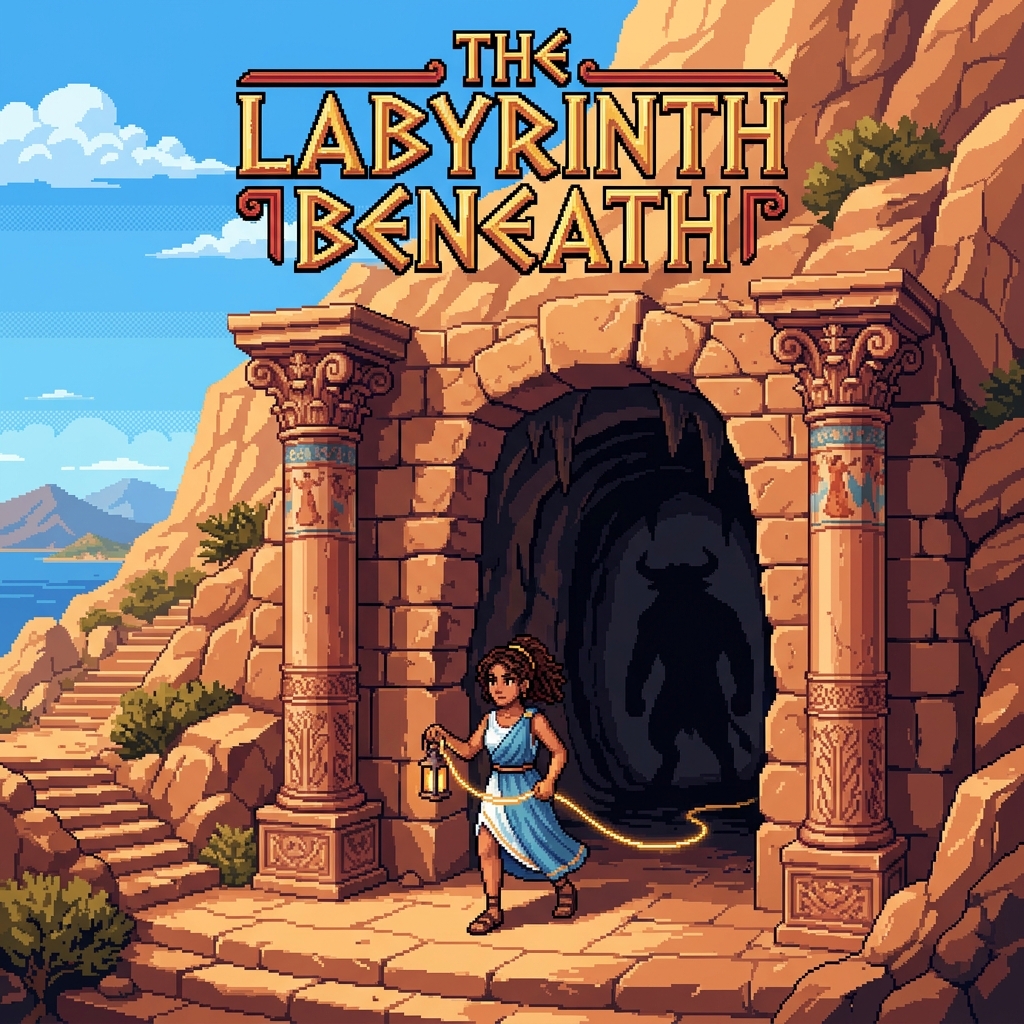 Pixel art cover of The Labyrinth Beneath showing a Greek heroine entering the Cretan Labyrinth with Ariadne's thread and the Minotaur's shadow within
