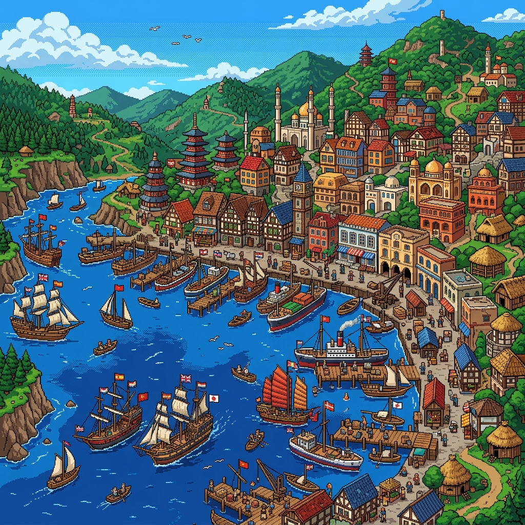 Pixel art natural harbor with a colorful patchwork city of buildings from dozens of different cultures, ships from many nations docked