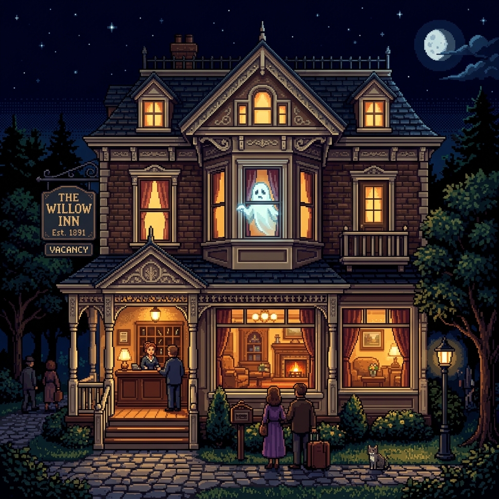 Pixel art charming Victorian bed and breakfast with glowing windows, a ghost peering from upstairs, guests checking in at night