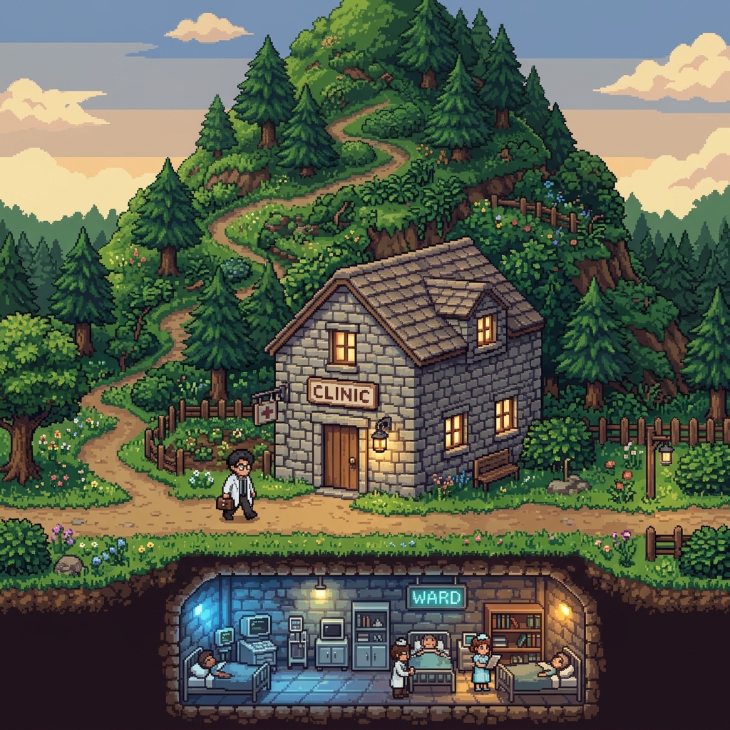 Pixel art stone clinic at the base of a green hill with a hidden basement ward glowing faintly underground