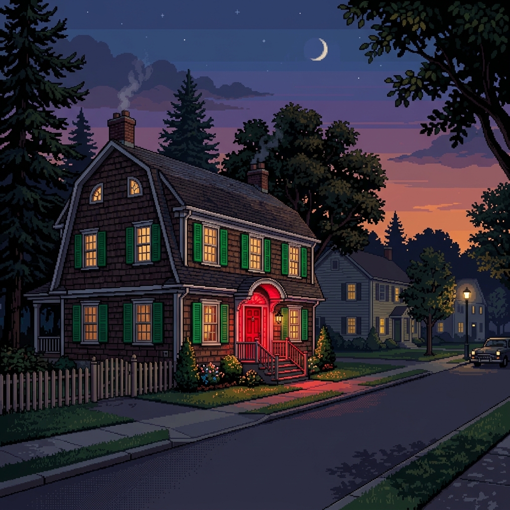 Pixel art colonial house with green shutters and a glowing red door on an otherwise normal suburban street