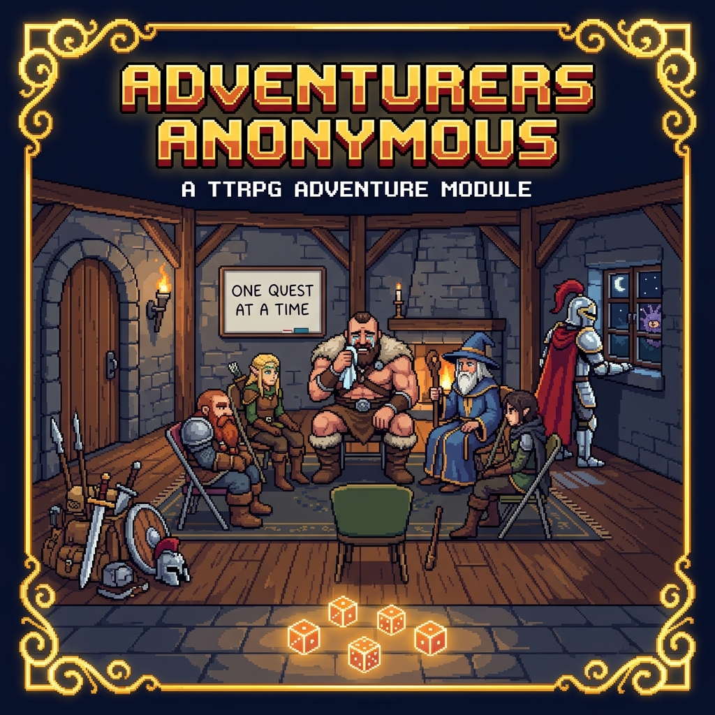 Pixel art cover of Adventurers Anonymous showing heroes in a support group circle with weapons stacked by the door and a poster reading 'One Quest at a Time'