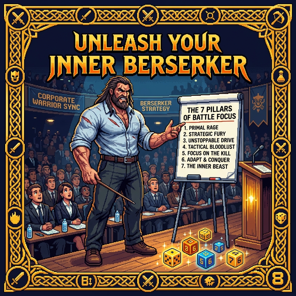 Pixel art cover of Unleash Your Inner Berserker showing a massive barbarian warrior in motivational speaker attire presenting to a corporate audience on a stage with a flip chart