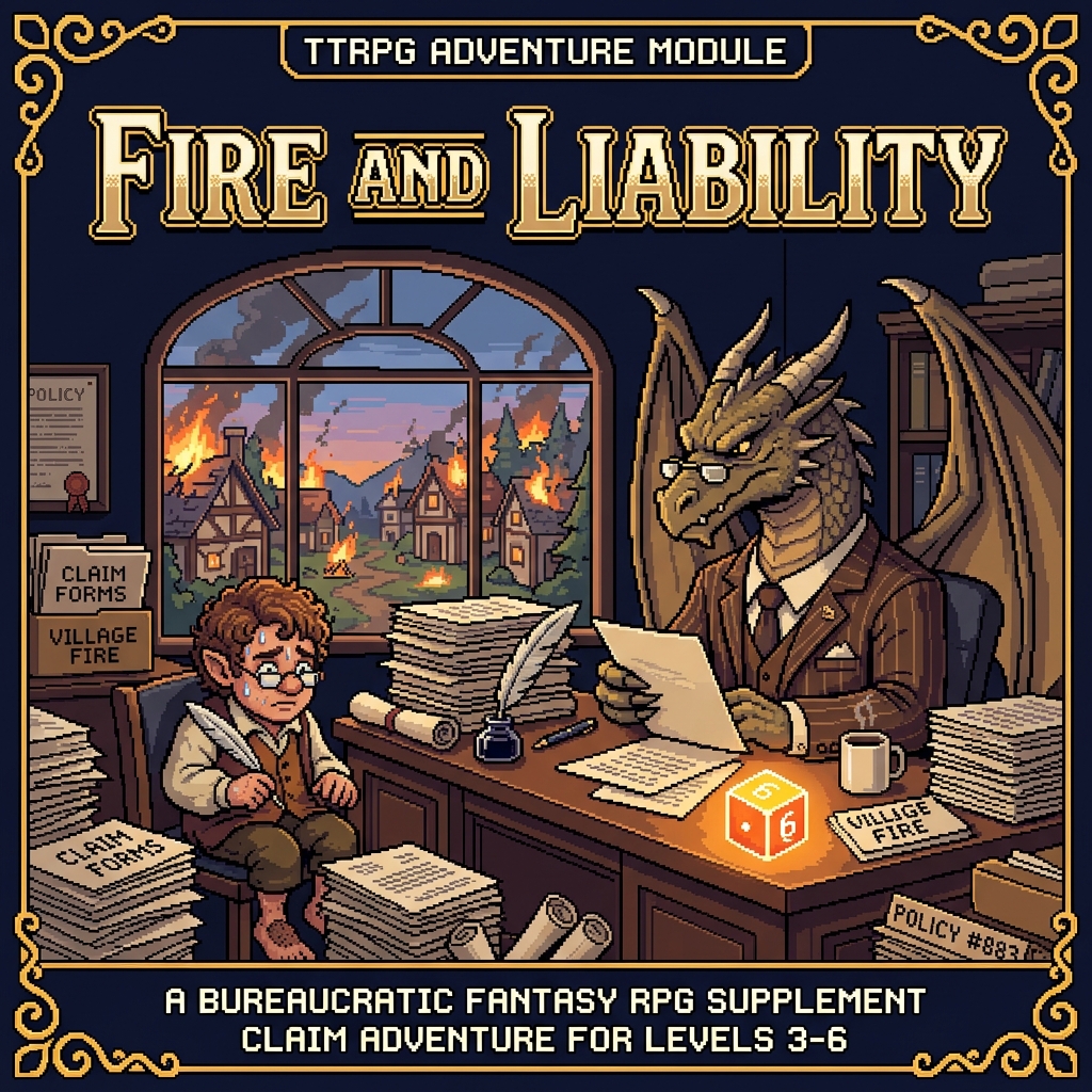 Pixel art cover of Risk and Rider showing insurance agents in suits meeting with a massive dragon across a conference table reviewing policy documents