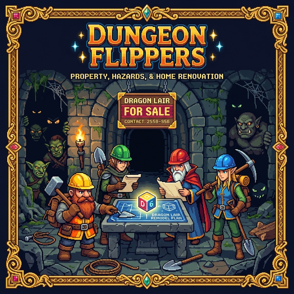 Pixel art cover of Dungeon Flippers showing adventurers in hard hats reviewing blueprints inside a dungeon with monsters watching cautiously
