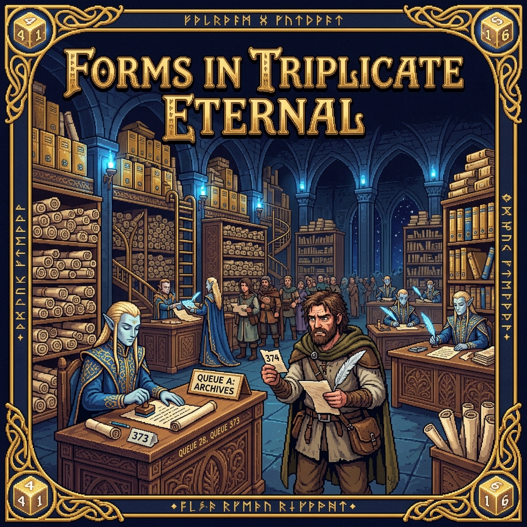 Pixel art cover of Forms in Triplicate showing beautiful ancient elf administrators in a vast marble hall filled ceiling to floor with filing systems containing thousands of years of documents