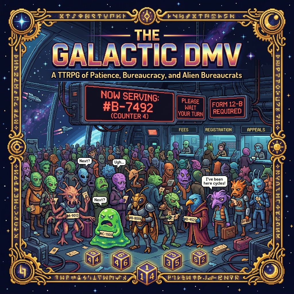 Pixel art cover of The Galactic DMV showing aliens of all shapes waiting in a massive space station queue holding numbered tickets