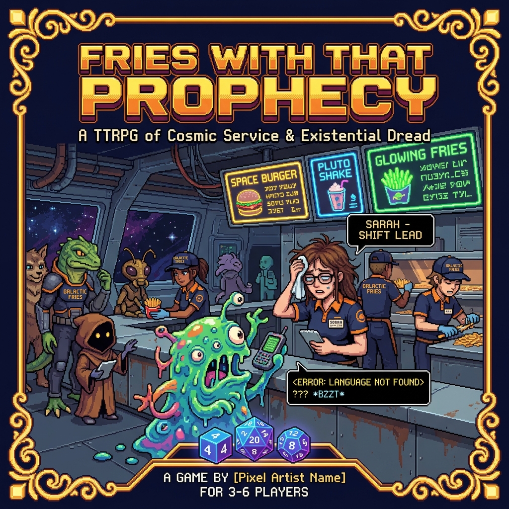 Pixel art cover of Fries with That Prophecy showing alien fast food workers in uniform at a counter serving beings of many species in a neon-lit space station restaurant