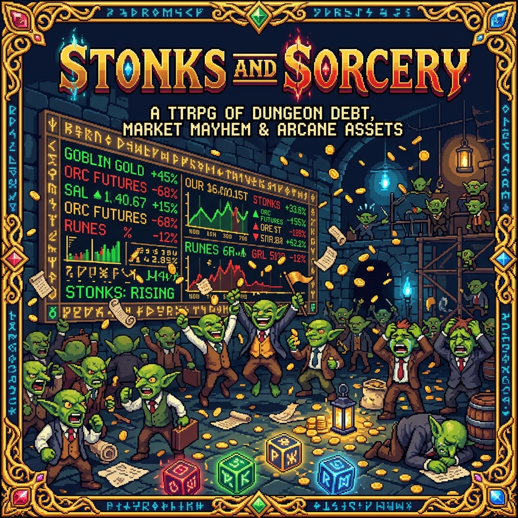 Pixel art cover of Stonks and Sorcery showing goblins in business suits shouting at a massive rune-covered stock ticker board in a chaotic trading floor