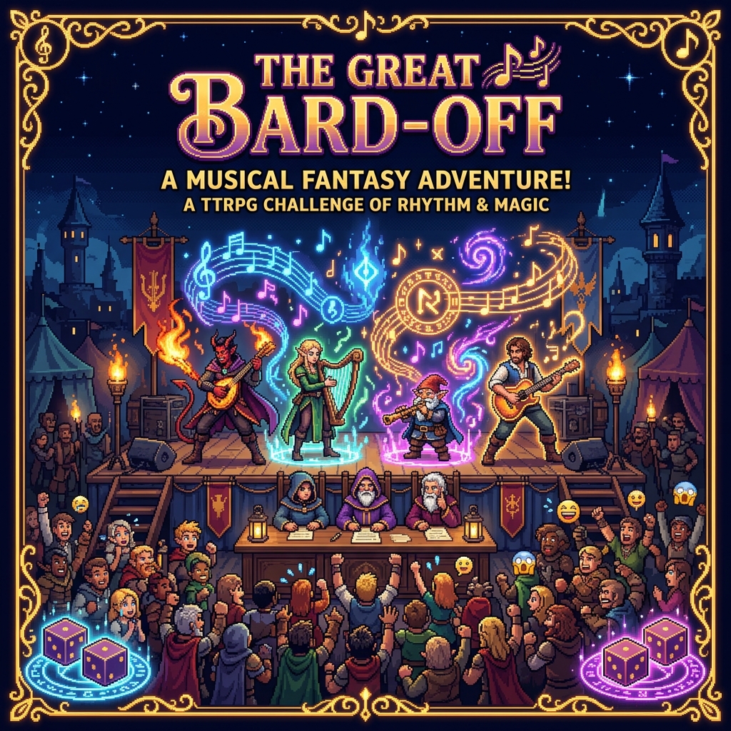 Pixel art cover of The Great Bard-Off showing competing bards on a massive stage with magical music effects filling the air as judges watch and audience members are visibly overwhelmed