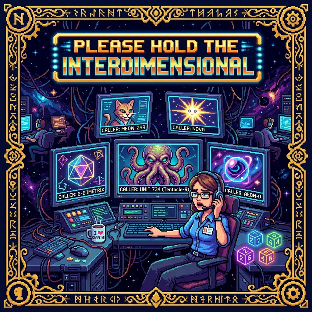 Pixel art cover of Please Hold showing a customer service rep with a headset facing a screen displaying beings from multiple different realities all calling simultaneously