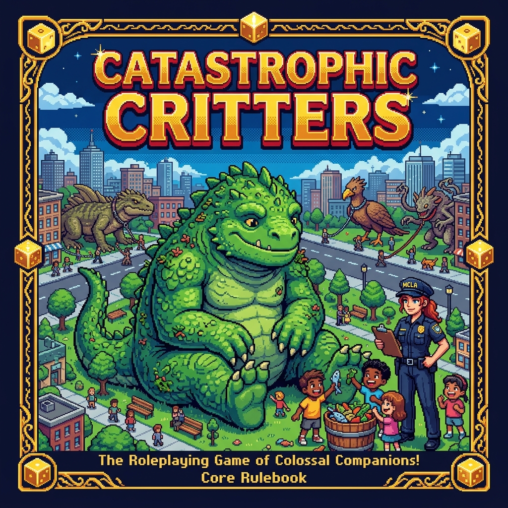 Pixel art cover of Catastrophic Critters showing a large friendly monster in a city park with an MCLA officer and a small child feeding it with a large bucket