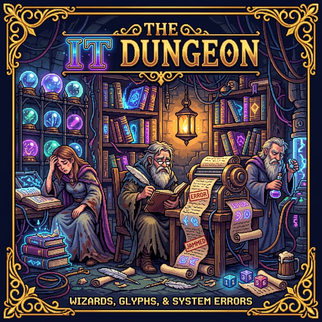 Pixel art cover of The IT Dungeon showing wizards in a server room made of crystal balls and magic tomes looking exhausted