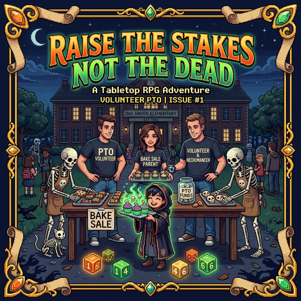 Pixel art cover of Raise the Stakes showing necromancers in parent volunteer t-shirts at a school bake sale table with undead helpers and a child in necromancy robes