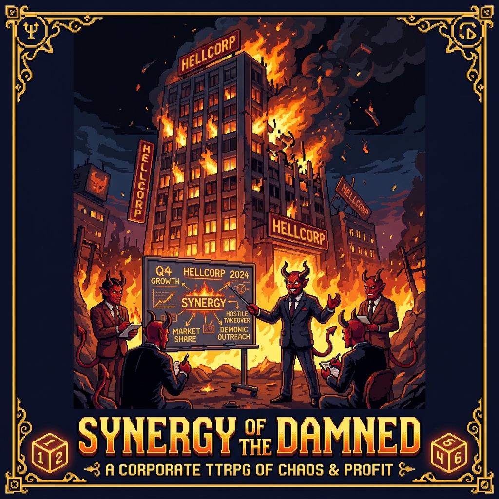 Pixel art cover of Synergy of the Damned showing a burning office building with suited demons running a whiteboard meeting