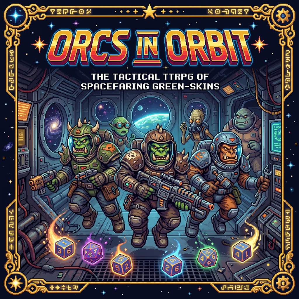 Pixel art cover of Orcs in Orbit showing armored orcs in space suits floating in a spacecraft corridor looking determined while other alien crew members look concerned