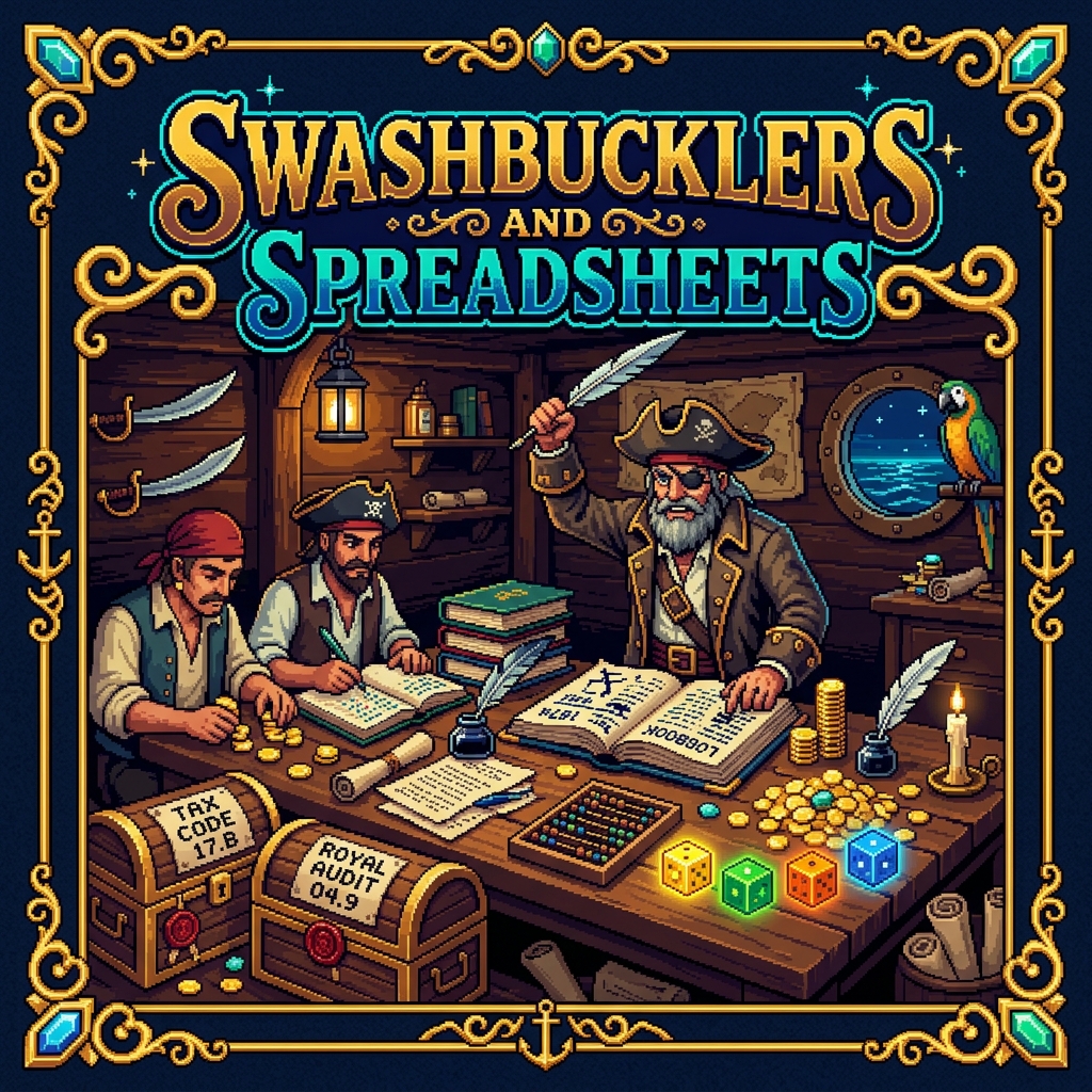 Pixel art cover of Swashbucklers and Spreadsheets showing pirates in a ship's cabin surrounded by ledgers and gold coins with quill pens drawn instead of swords