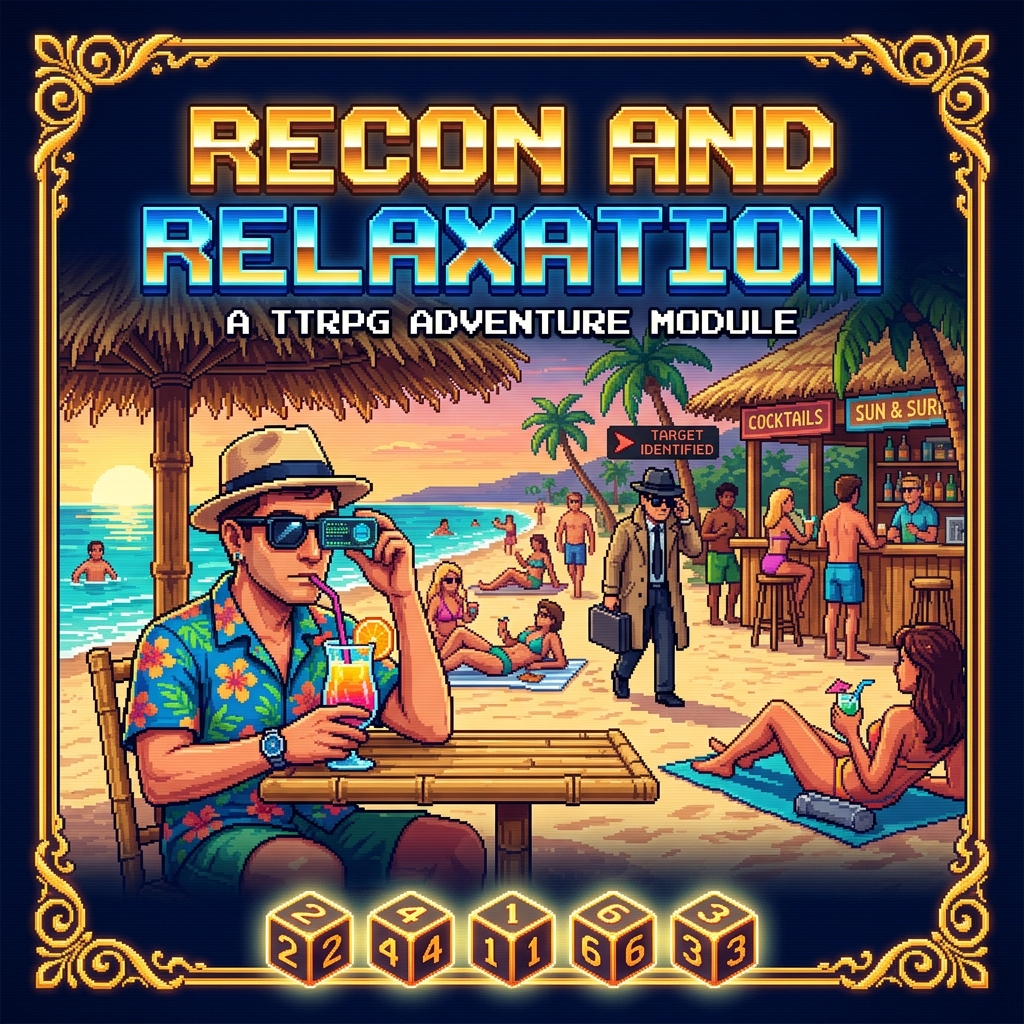 Pixel art cover of Recon and Relaxation showing a spy in beach attire with cocktail and sunglasses clearly surveilling the beach while other vacationers relax normally