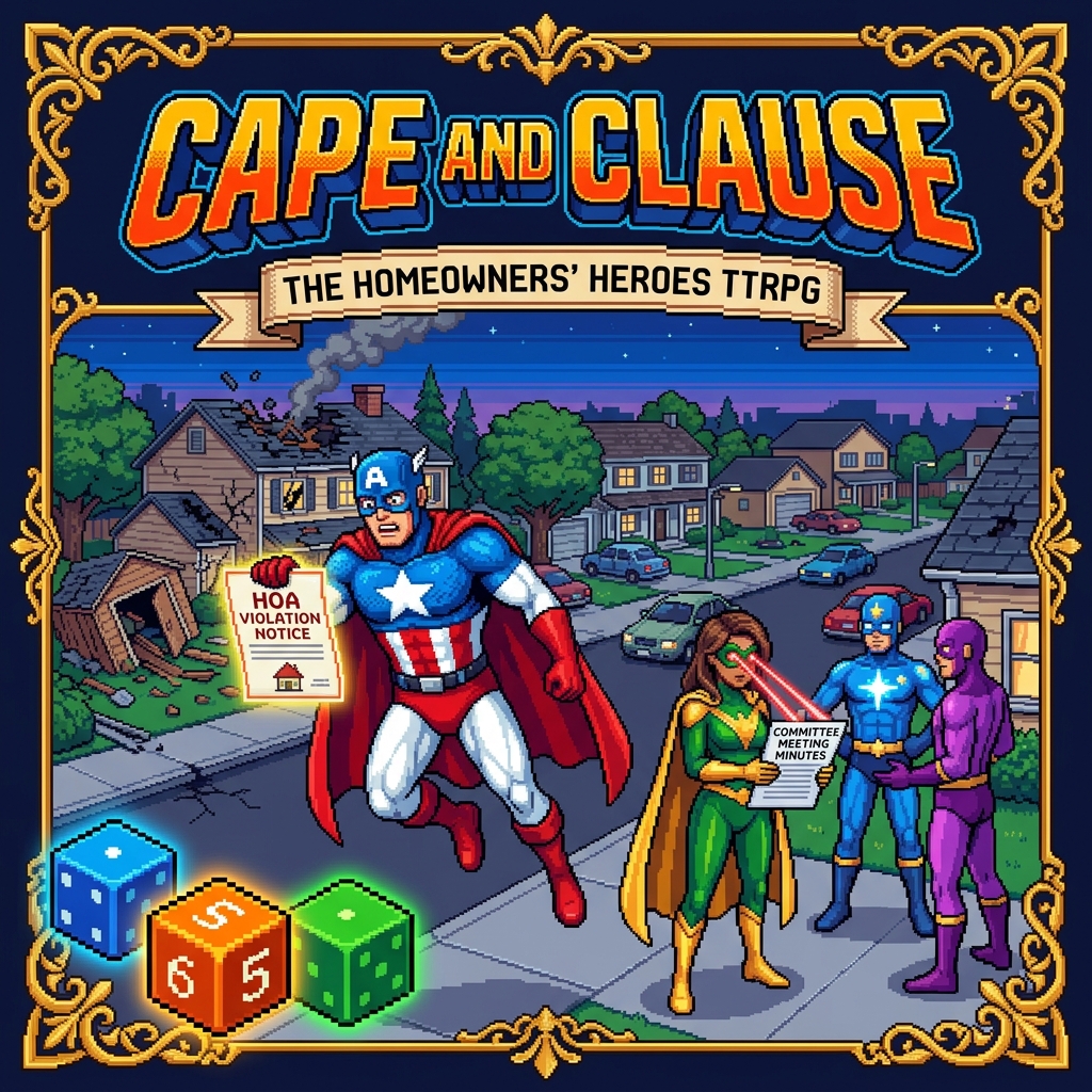 Pixel art cover of Cape and Clause showing superheroes in capes holding HOA violation notices at a neighborhood meeting
