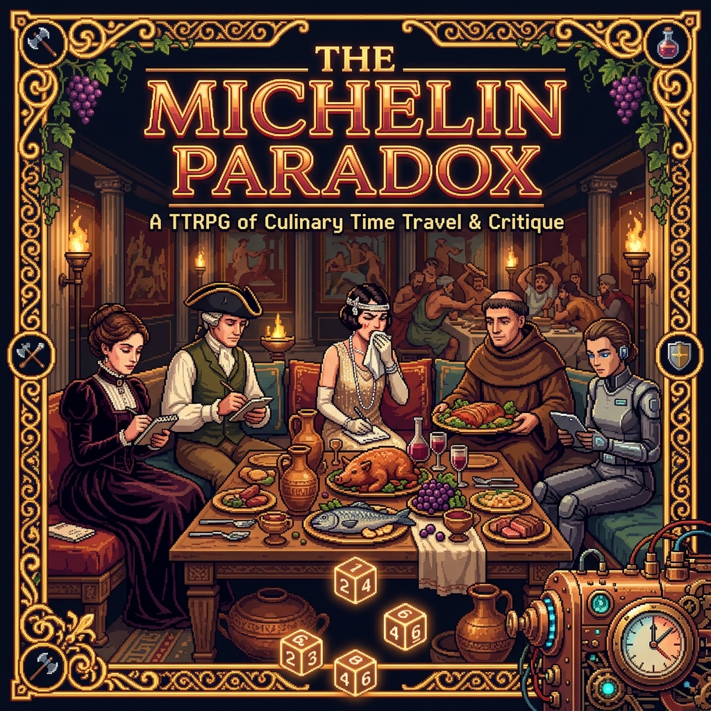 Pixel art cover of The Michelin Paradox showing food critics in time machine with plates of food from different historical eras floating around them