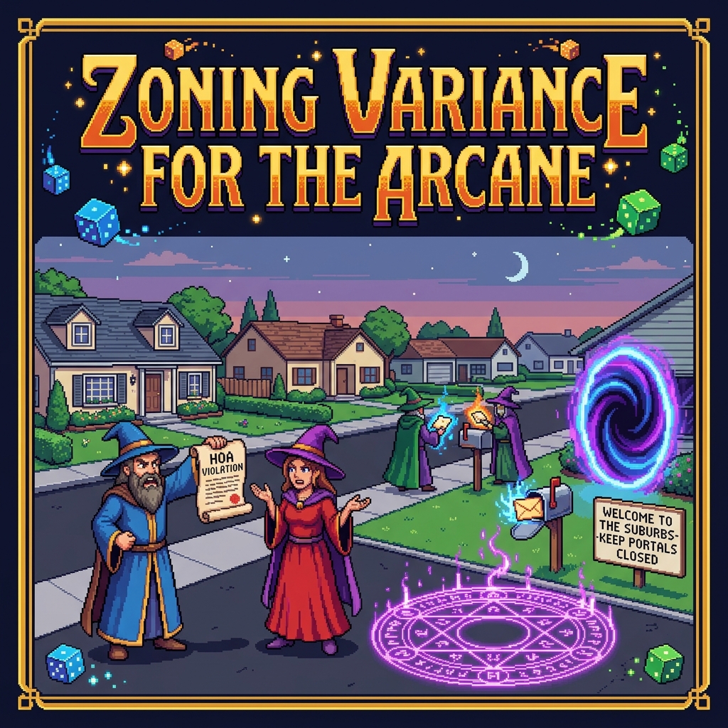 Pixel art cover of Zoning Variance for the Arcane showing a suburban neighborhood with wizards in robes checking mailboxes and a magical portal next to a well-manicured lawn