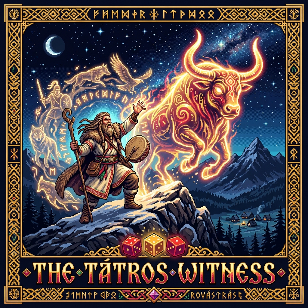 Pixel art cover of The Tatros Witness showing a Táltos shaman in animal transformation form on a Carpathian mountain summit with ancient Magyar spirit forms in the mist below