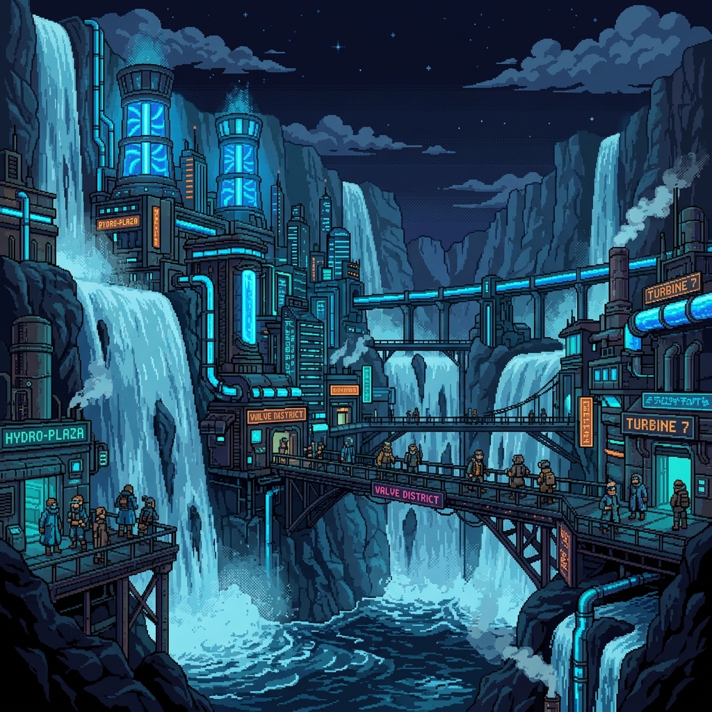 Pixel art cover of Cascade Cities showing a dam city carved into a canyon with blue neon turbine towers and waterfall bridges