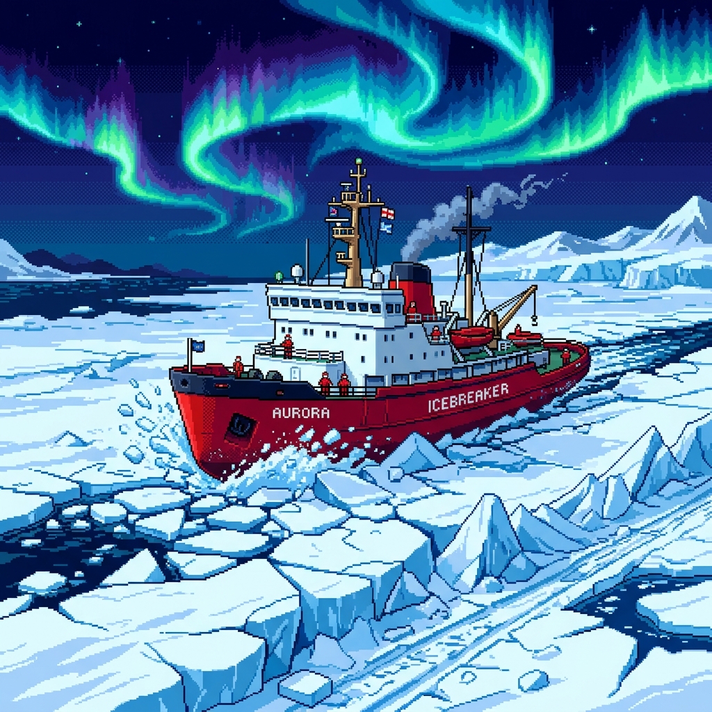 Pixel art reinforced icebreaker vessel cutting through pack ice in a dramatic polar seascape under northern lights