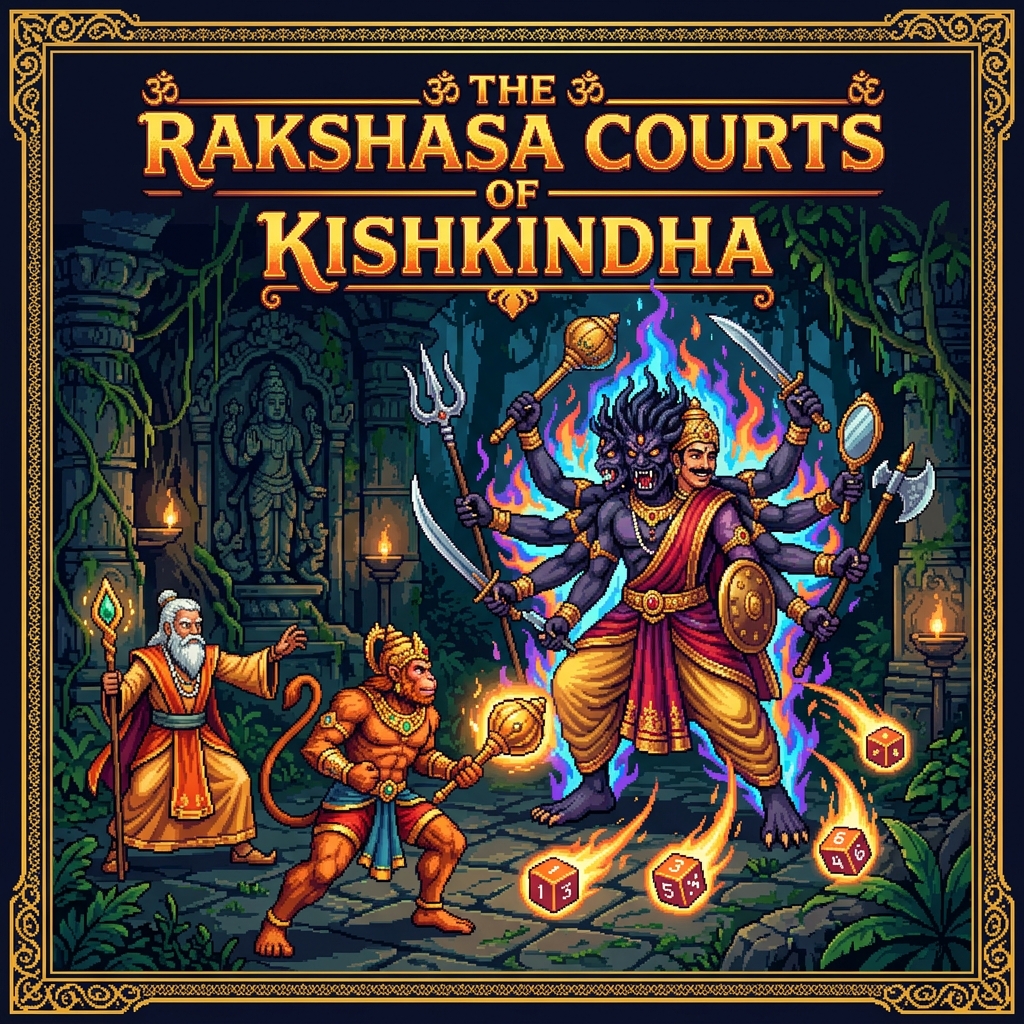 Pixel art cover of The Rakshasa Courts of Kishkindha showing a Vanara warrior and a human sage facing a multi-armed Rakshasa shapeshifter in an ancient forest temple