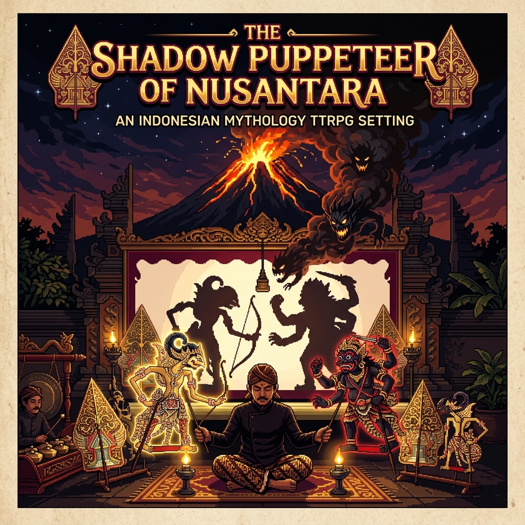 Pixel art cover of The Shadow Puppeteer of Nusantara showing a dalang puppeteer with shadow demons emerging behind the screen