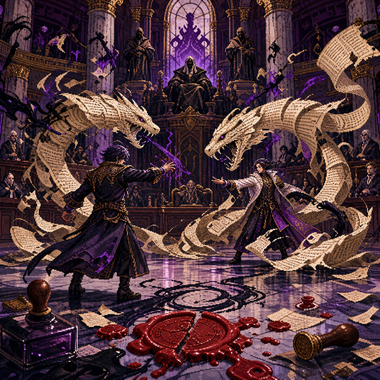 Pixel art advocates confronting each other with animated contracts in a grand court