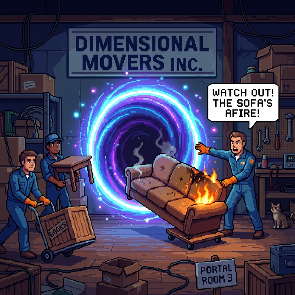 Pixel art moving crew loading a dimensional portal with furniture, one mover gesturing at a sofa that is slightly on fire