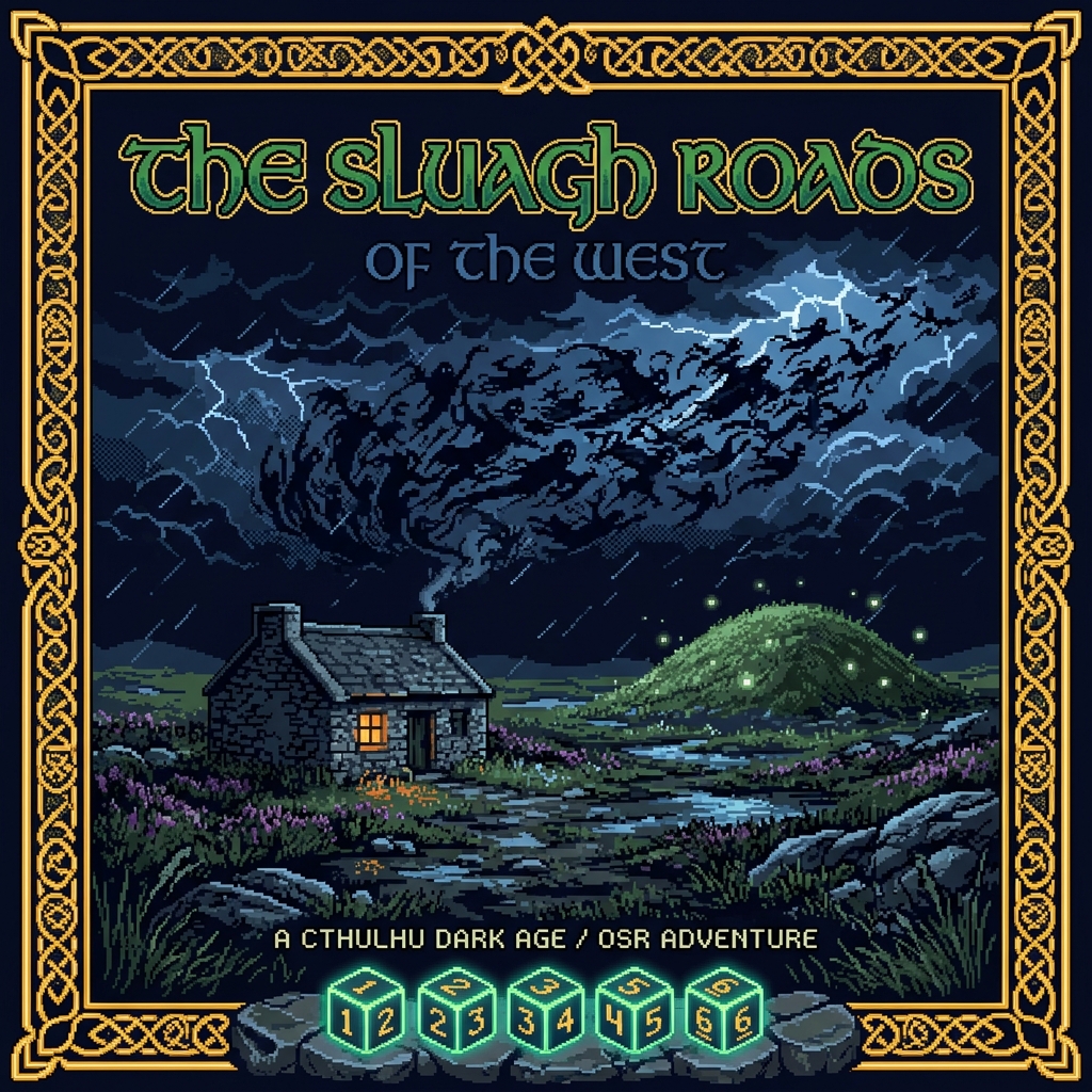 Pixel art cover of The Sluagh Roads showing a western Irish bog landscape at night with the Sluagh host visible as dark forms against the sky and a small house with one lit window below