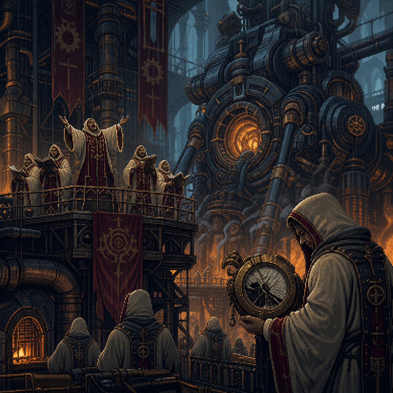 Pixel art scene of robed singers awakening a huge engine in a cathedral factory