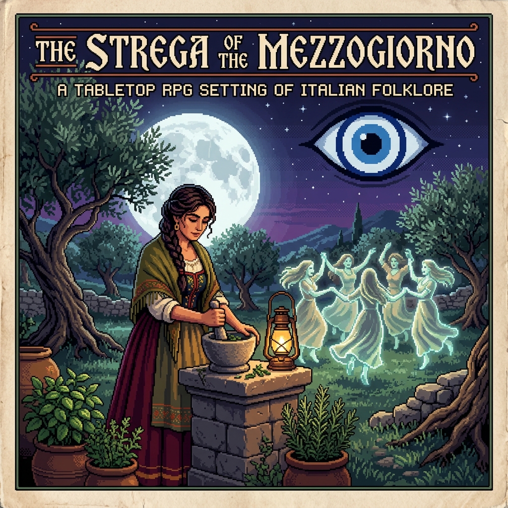 Pixel art cover of The Strega of the Mezzogiorno showing a folk witch mixing herbs in a moonlit olive grove with tarantella dancers