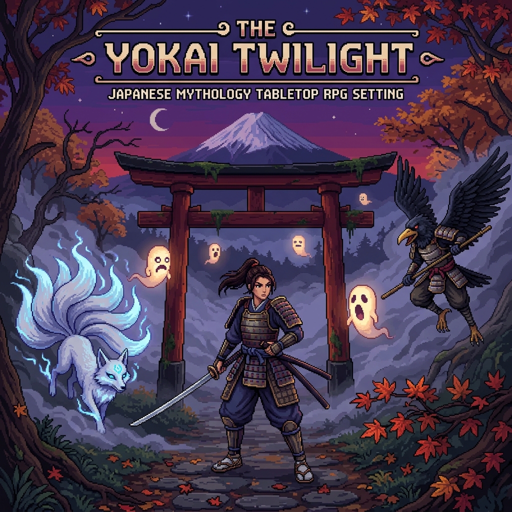 Pixel art cover of The Yokai Twilight showing a ronin at a torii gate with kitsune, tengu, and ghost yokai in the mist