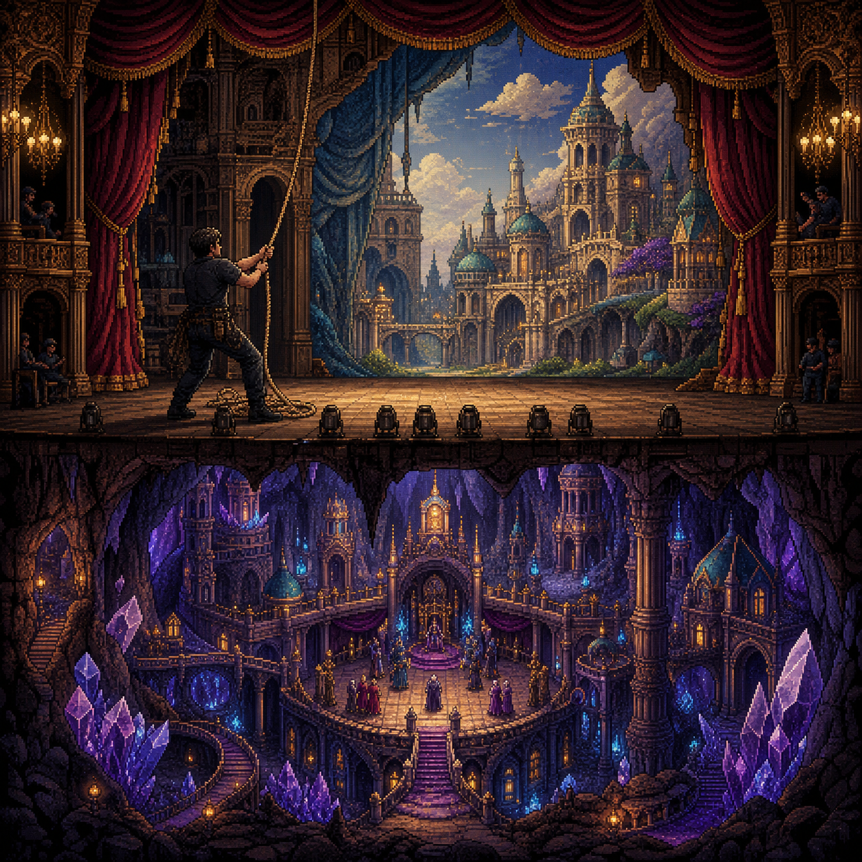 Pixel art stagehand at an opera stage above a hidden underground court