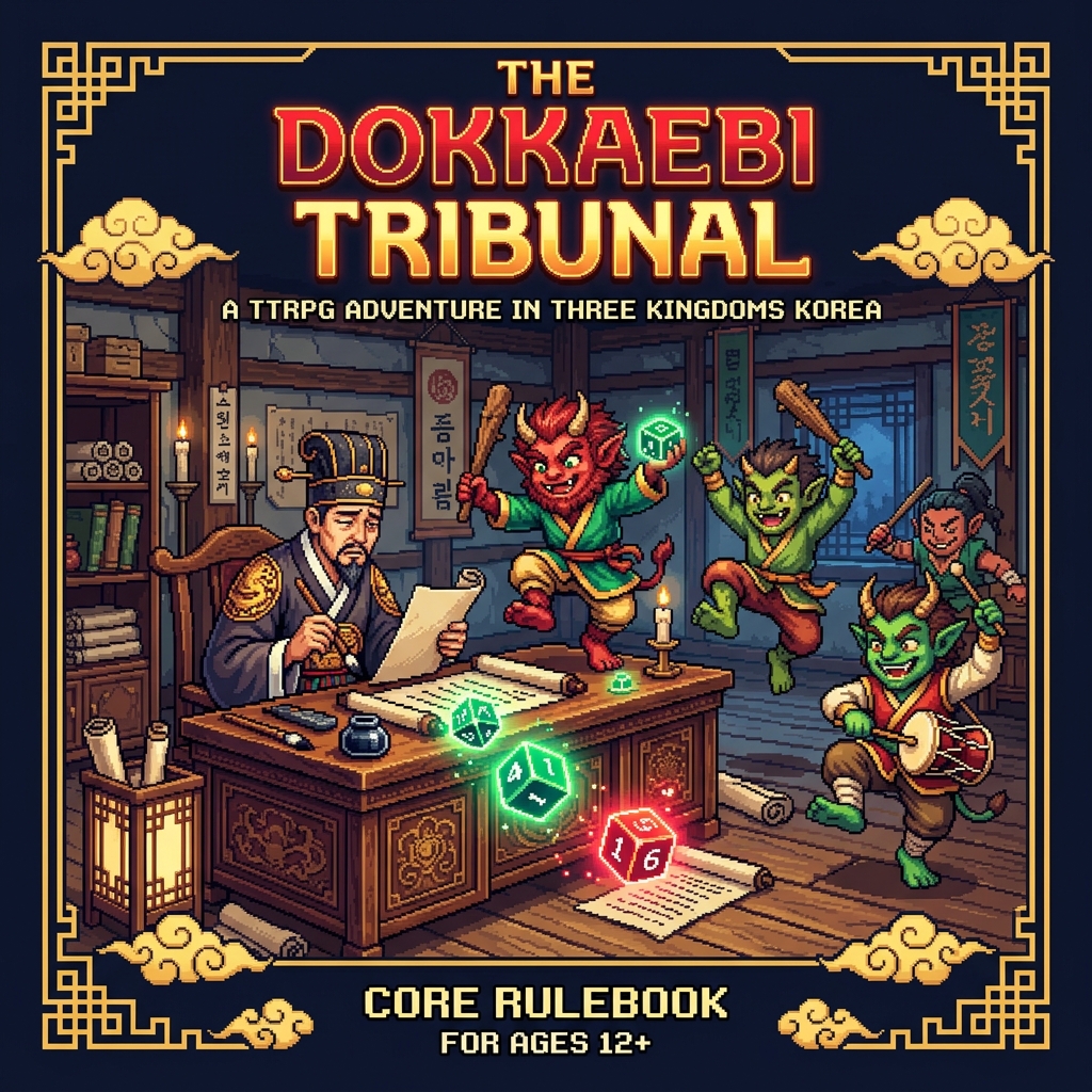 Pixel art cover of The Dokkaebi Tribunal showing Korean goblins with their iconic clubs dancing around a celestial records bureau officials desk while the official looks exasperated