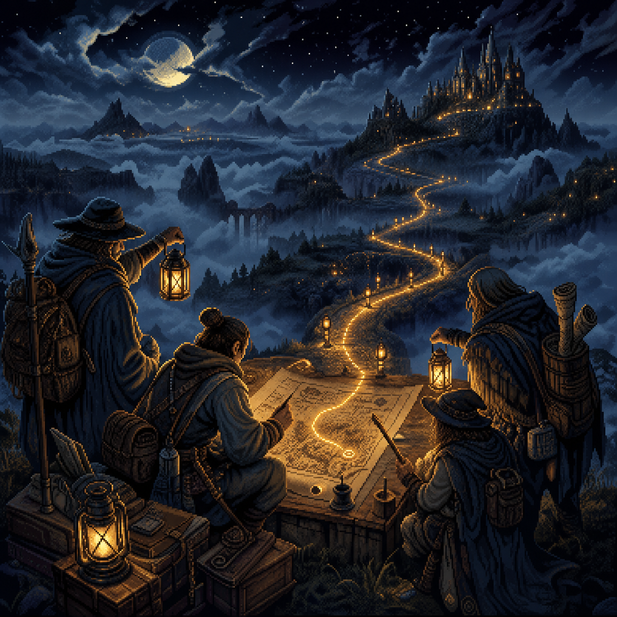 Pixel art mapmakers following a glowing lantern path through a dark forest