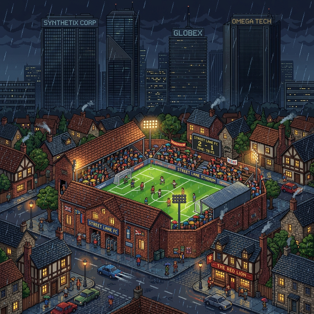 Pixel art small brick football stadium surrounded by cozy houses, with massive dark corporate towers looming on the horizon