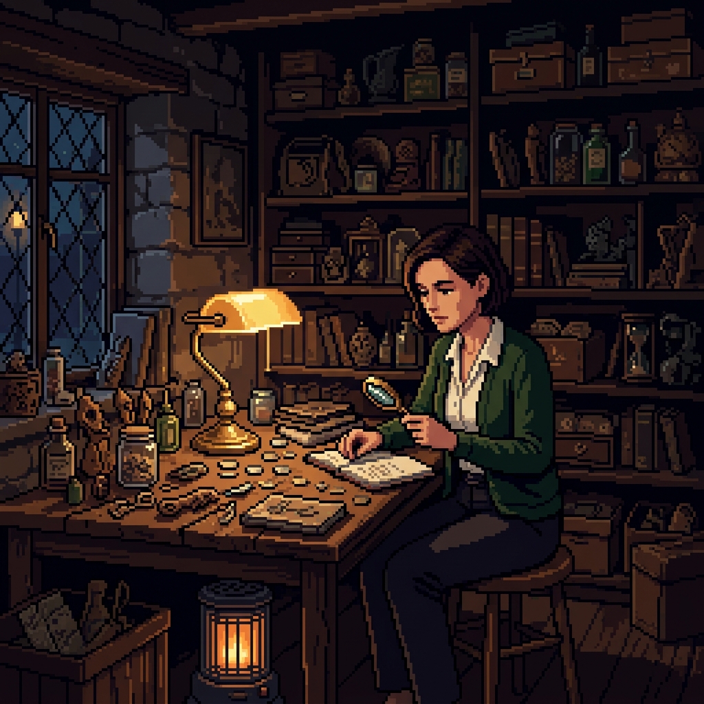 Pixel art dimly lit back room with a professional woman examining items on a table, shelves of goods behind her, careful lamplight