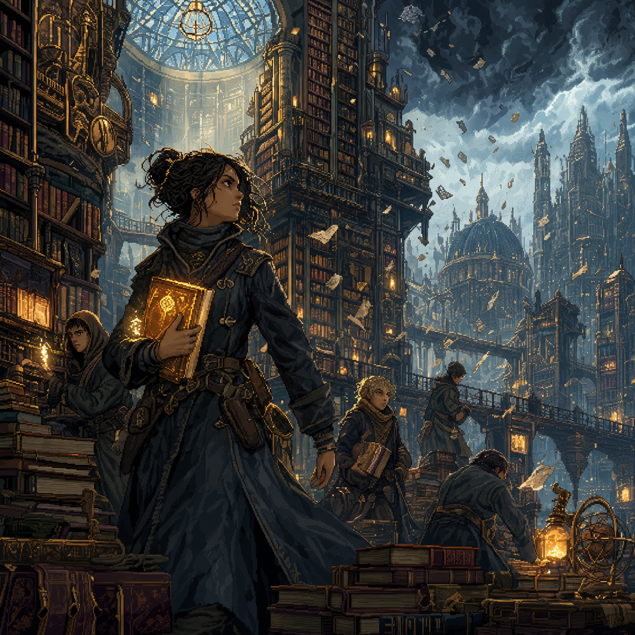 Pixel art scene of an archivist carrying a glowing book through a towering city-sized library