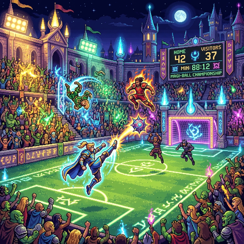 Pixel art fantasy sports stadium with players performing impossible athletic feats as a roaring crowd glows with magical energy