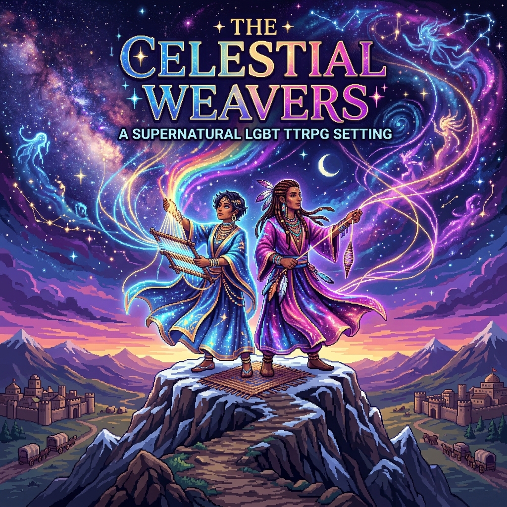 Pixel art cover of The Celestial Weavers showing two non-binary shamans weaving starlight threads on a mountain peak