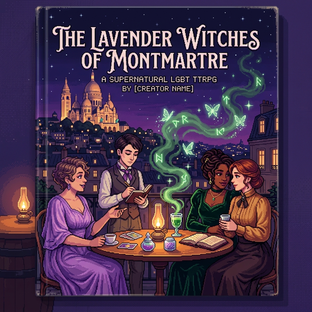 Pixel art cover of The Lavender Witches of Montmartre showing sapphic witches and a trans poet at a Parisian café with glowing absinthe magic