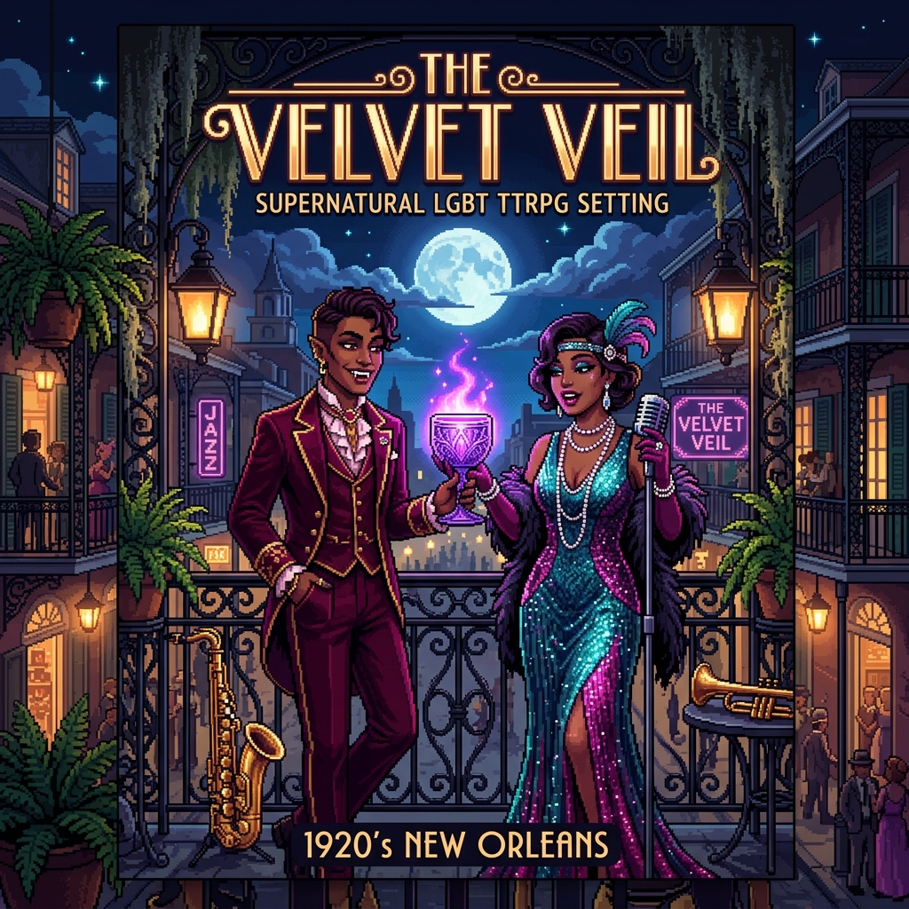 Pixel art cover of The Velvet Veil showing a non-binary Creole vampire and a sapphic siren singer on a 1920s New Orleans balcony