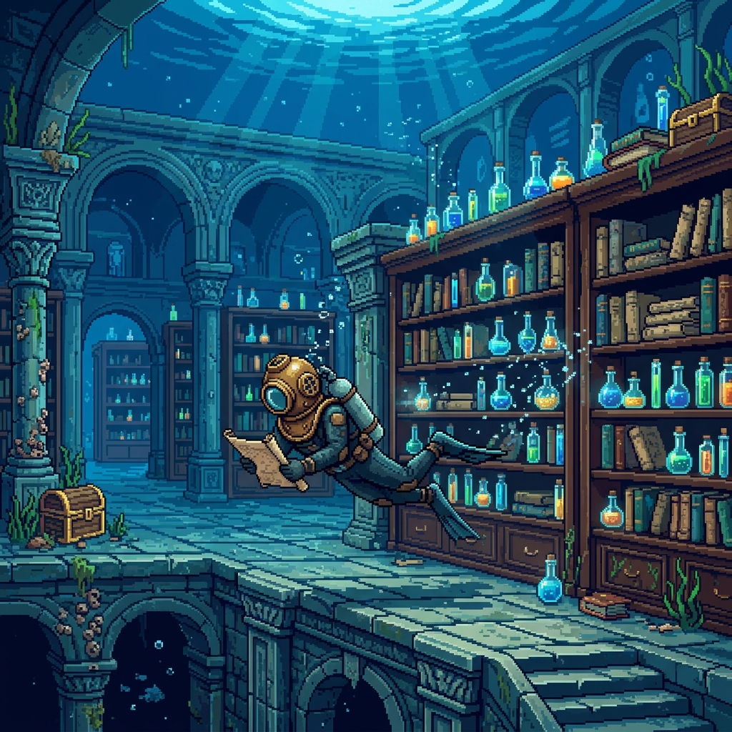 Pixel art submerged ancient library with glowing glass vials floating on bookshelves in crystal clear water, diver archivist swimming past